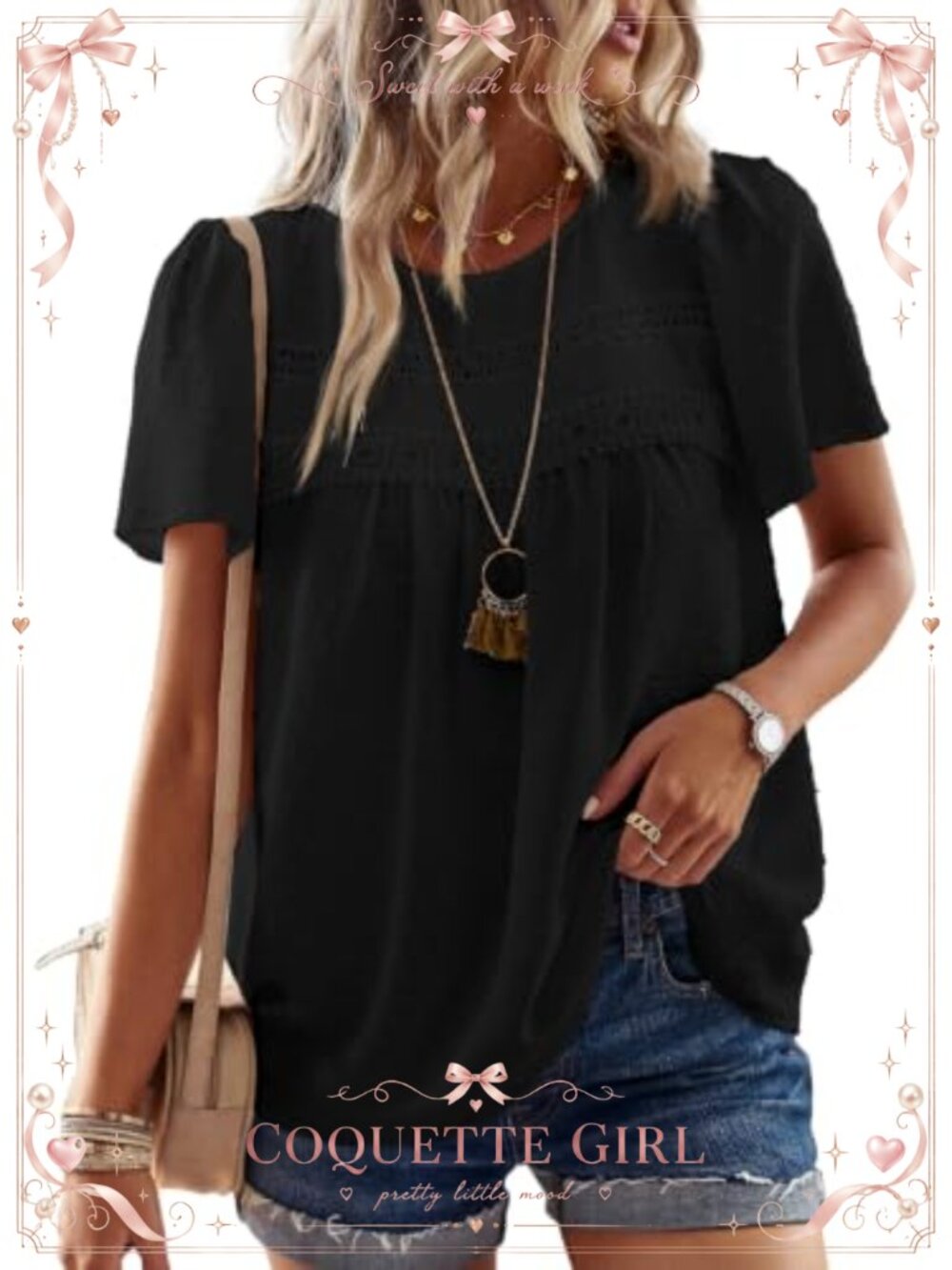 Womens Crochet Lace Boho Blouse Short Sleeve Crewneck Loose Fit Casual Top